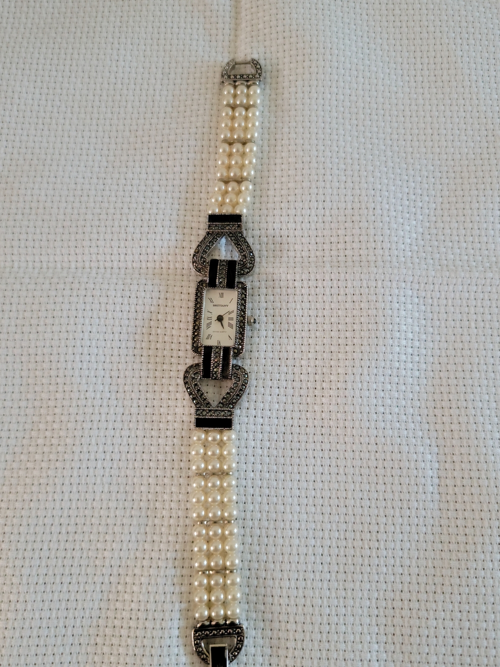 Brittany Black Pearl and Black Vintage-Style Bracelet Watch